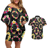 Hawaiian Kakau Tattoo Leis and Palaka Pattern Couples Matching Off Shoulder Short Dress and Hawaiian Shirt Traditional Aloha Tribal Black Color LT03 Black - Polynesian Pride