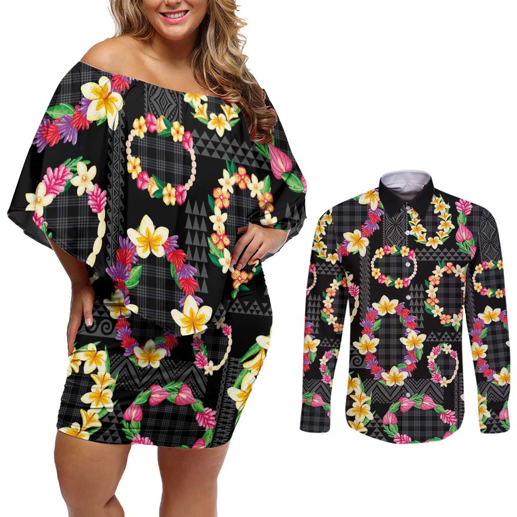 Hawaiian Kakau Tattoo Leis and Palaka Pattern Couples Matching Off Shoulder Short Dress and Long Sleeve Button Shirt Traditional Aloha Tribal Black Color LT03 Black - Polynesian Pride