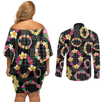 Hawaiian Kakau Tattoo Leis and Palaka Pattern Couples Matching Off Shoulder Short Dress and Long Sleeve Button Shirt Traditional Aloha Tribal Black Color LT03 - Polynesian Pride