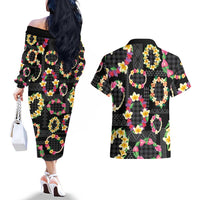 Hawaiian Kakau Tattoo Leis and Palaka Pattern Couples Matching Off The Shoulder Long Sleeve Dress and Hawaiian Shirt Traditional Aloha Tribal Black Color LT03 - Polynesian Pride