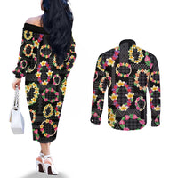 Hawaiian Kakau Tattoo Leis and Palaka Pattern Couples Matching Off The Shoulder Long Sleeve Dress and Long Sleeve Button Shirt Traditional Aloha Tribal Black Color LT03 - Polynesian Pride