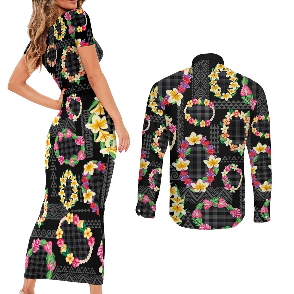 Hawaiian Kakau Tattoo Leis and Palaka Pattern Couples Matching Short Sleeve Bodycon Dress and Long Sleeve Button Shirt Traditional Aloha Tribal Black Color LT03 - Polynesian Pride