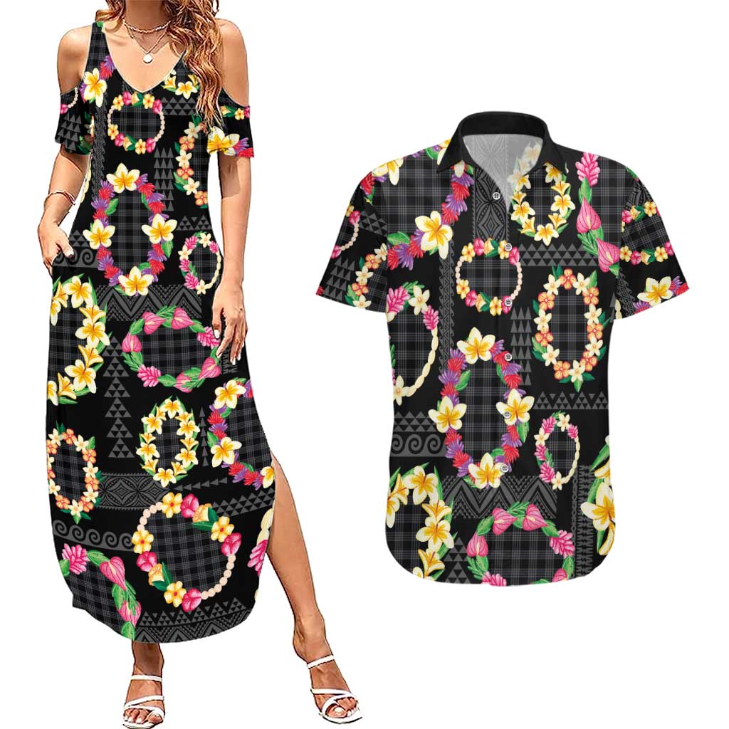 Hawaiian Kakau Tattoo Leis and Palaka Pattern Couples Matching Summer Maxi Dress and Hawaiian Shirt Traditional Aloha Tribal Black Color LT03 Black - Polynesian Pride