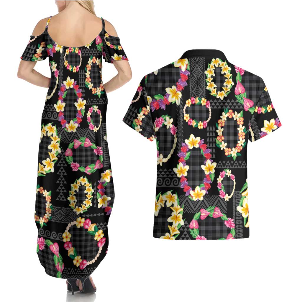 Hawaiian Kakau Tattoo Leis and Palaka Pattern Couples Matching Summer Maxi Dress and Hawaiian Shirt Traditional Aloha Tribal Black Color LT03 - Polynesian Pride