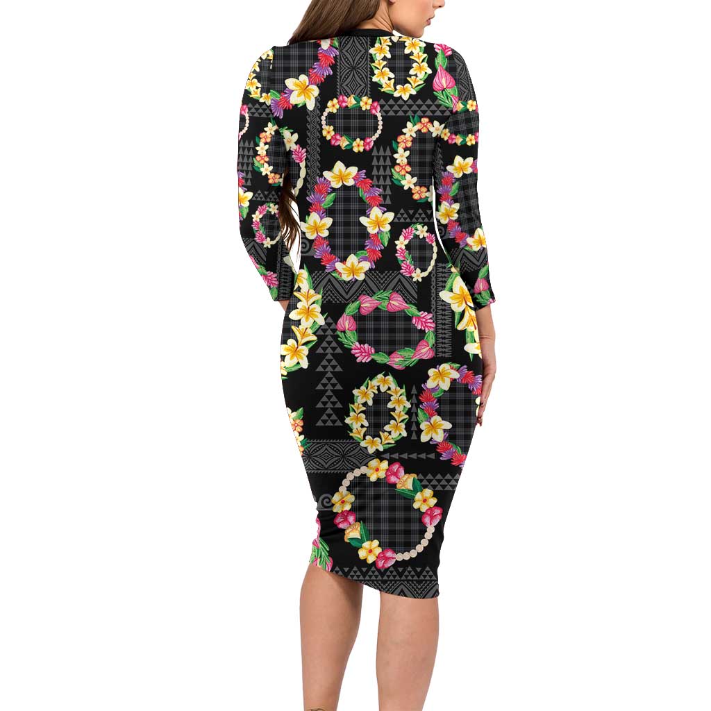 Hawaiian Kakau Tattoo Leis and Palaka Pattern Family Matching Long Sleeve Bodycon Dress and Hawaiian Shirt Traditional Aloha Tribal Black Color LT03 - Polynesian Pride