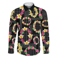 Hawaiian Kakau Tattoo Leis and Palaka Pattern Family Matching Mermaid Dress and Hawaiian Shirt Traditional Aloha Tribal Black Color LT03 Dad's Shirt - Long Sleeve Black - Polynesian Pride