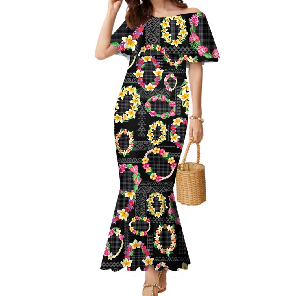 Hawaiian Kakau Tattoo Leis and Palaka Pattern Family Matching Mermaid Dress and Hawaiian Shirt Traditional Aloha Tribal Black Color LT03 Mom's Dress Black - Polynesian Pride