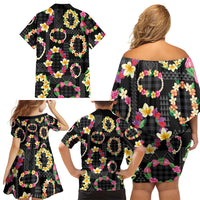 Hawaiian Kakau Tattoo Leis and Palaka Pattern Family Matching Off Shoulder Short Dress and Hawaiian Shirt Traditional Aloha Tribal Black Color LT03 - Polynesian Pride