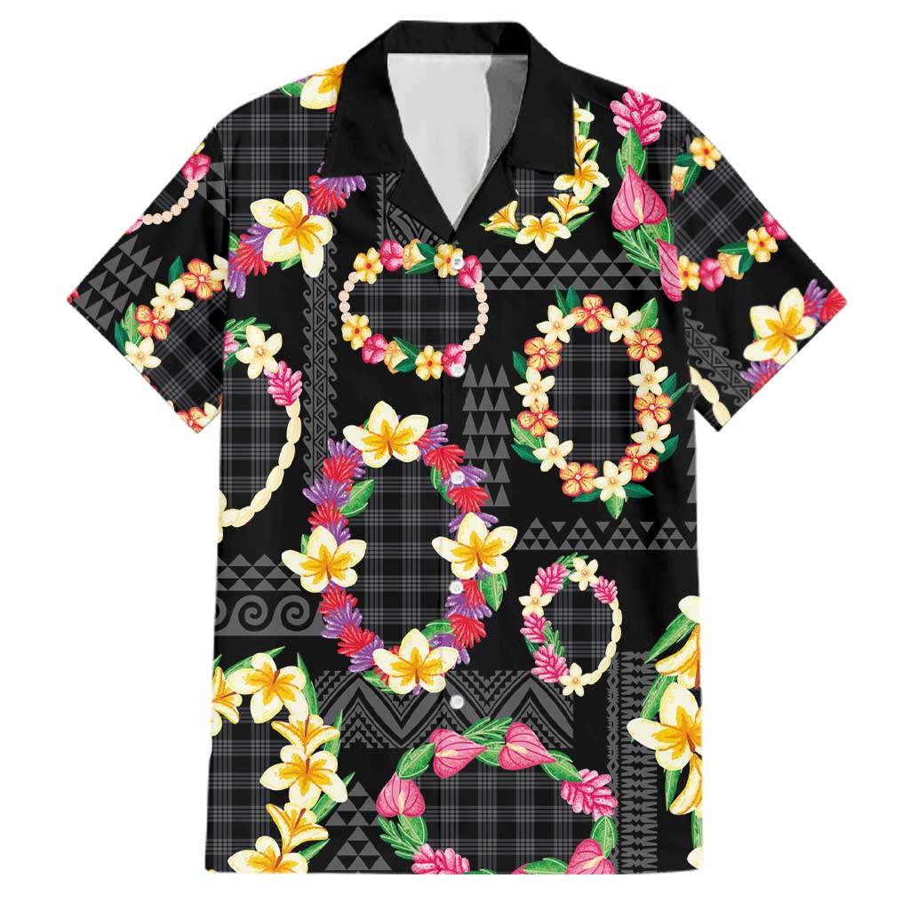 Hawaiian Kakau Tattoo Leis and Palaka Pattern Family Matching Off Shoulder Short Dress and Hawaiian Shirt Traditional Aloha Tribal Black Color LT03 Dad's Shirt - Short Sleeve Black - Polynesian Pride