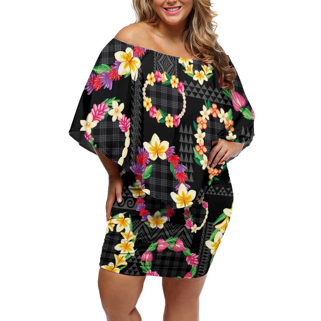 Hawaiian Kakau Tattoo Leis and Palaka Pattern Family Matching Off Shoulder Short Dress and Hawaiian Shirt Traditional Aloha Tribal Black Color LT03 Mom's Dress Black - Polynesian Pride