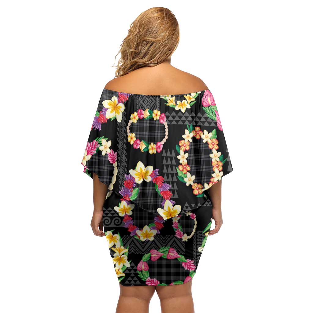 Hawaiian Kakau Tattoo Leis and Palaka Pattern Family Matching Off Shoulder Short Dress and Hawaiian Shirt Traditional Aloha Tribal Black Color LT03 - Polynesian Pride