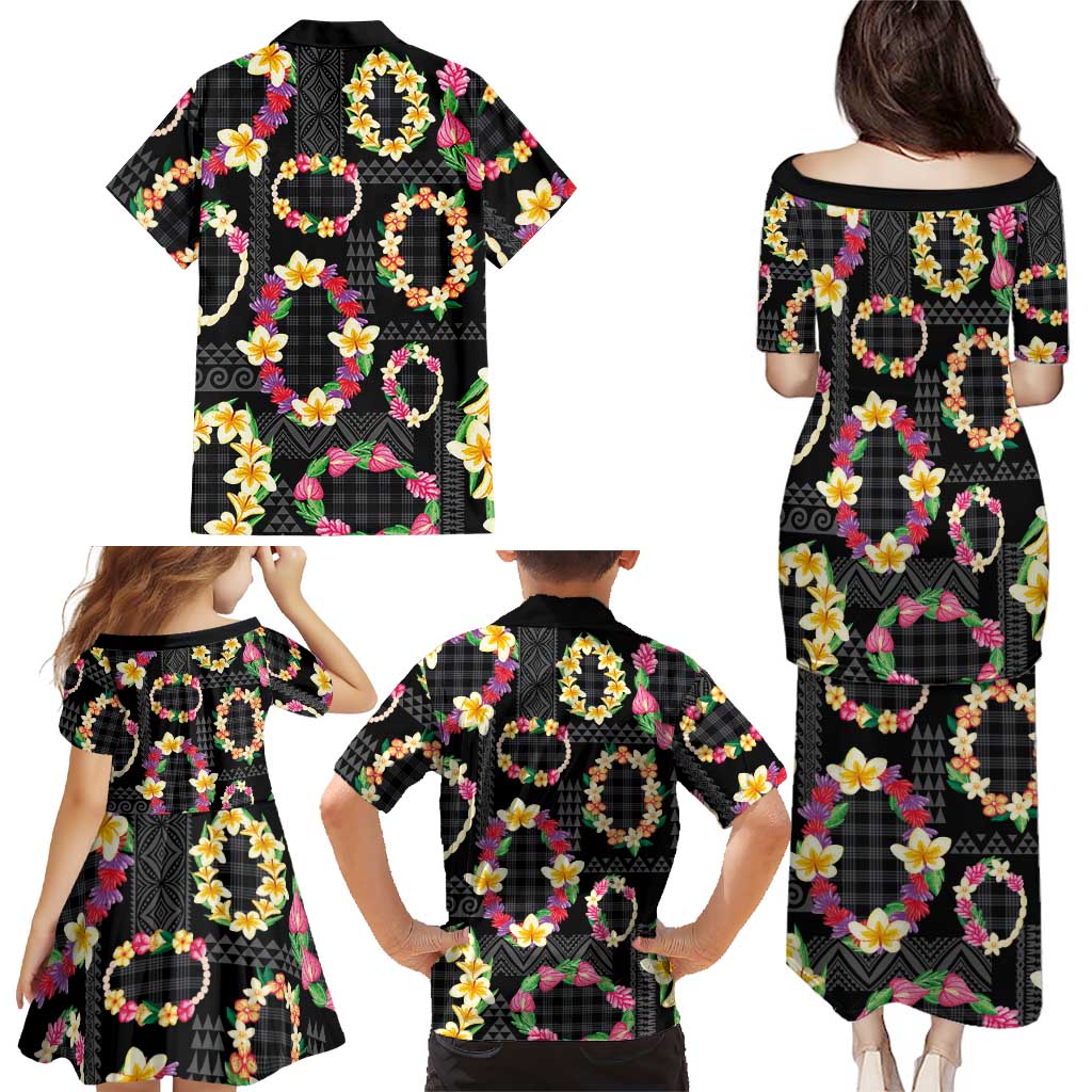 Hawaiian Kakau Tattoo Leis and Palaka Pattern Family Matching Puletasi and Hawaiian Shirt Traditional Aloha Tribal Black Color LT03 - Polynesian Pride