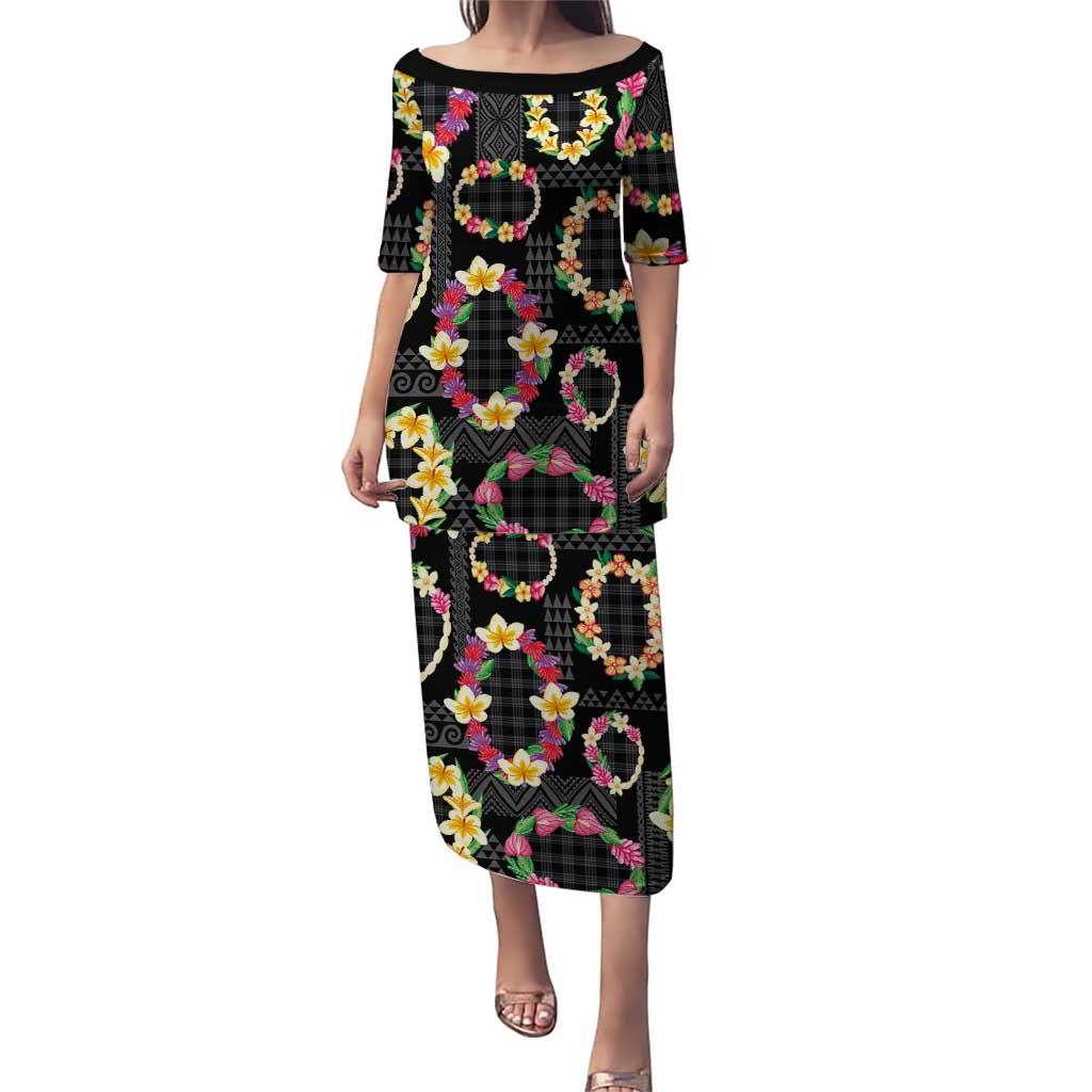 Hawaiian Kakau Tattoo Leis and Palaka Pattern Family Matching Puletasi and Hawaiian Shirt Traditional Aloha Tribal Black Color LT03 Mom's Dress Black - Polynesian Pride