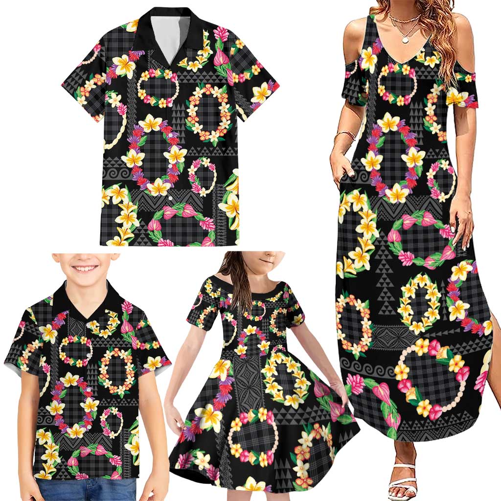 Hawaiian Kakau Tattoo Leis and Palaka Pattern Family Matching Summer Maxi Dress and Hawaiian Shirt Traditional Aloha Tribal Black Color LT03 - Polynesian Pride