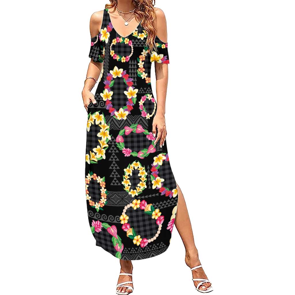 Hawaiian Kakau Tattoo Leis and Palaka Pattern Family Matching Summer Maxi Dress and Hawaiian Shirt Traditional Aloha Tribal Black Color LT03 Mom's Dress Black - Polynesian Pride