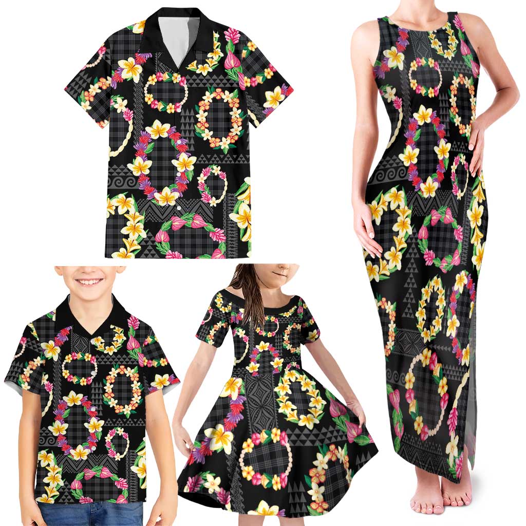 Hawaiian Kakau Tattoo Leis and Palaka Pattern Family Matching Tank Maxi Dress and Hawaiian Shirt Traditional Aloha Tribal Black Color