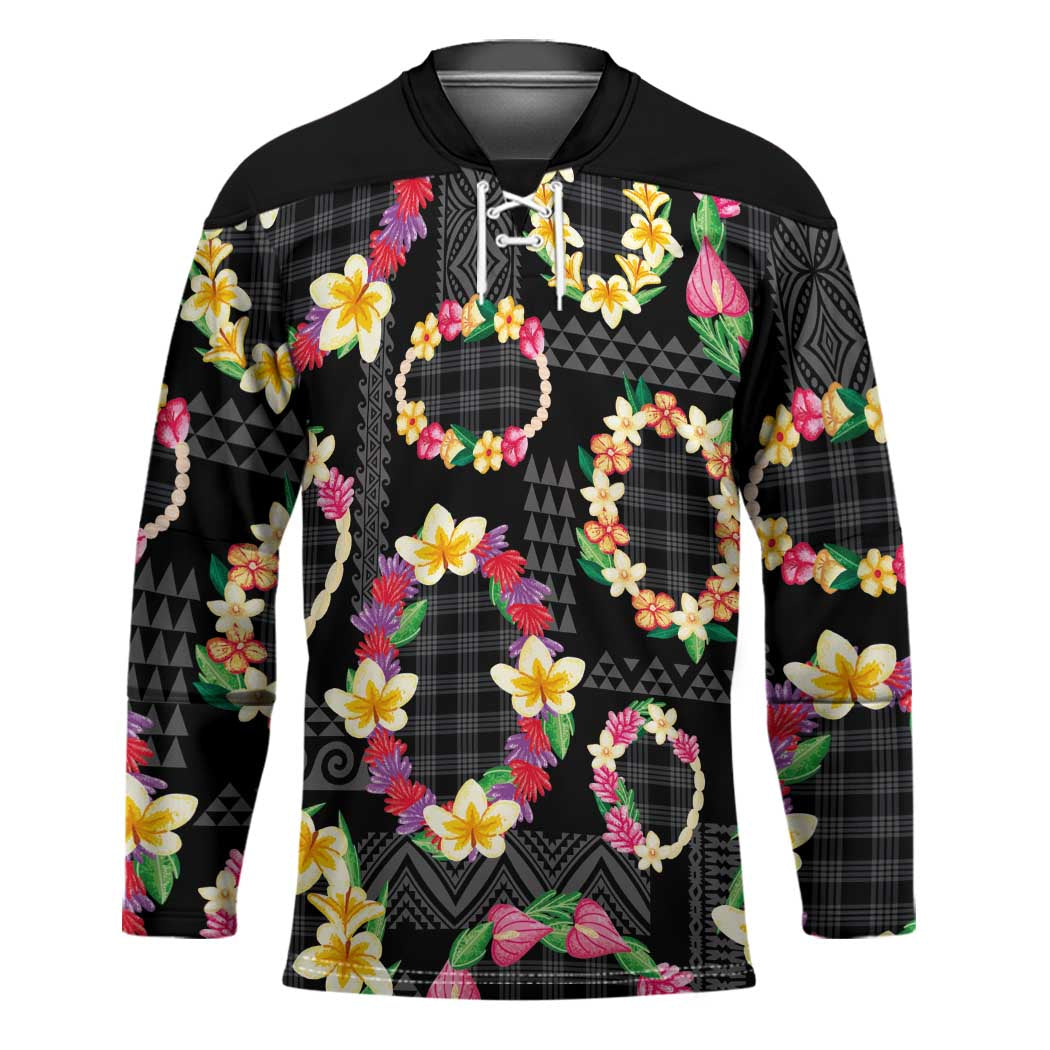 Hawaiian Kakau Tattoo Leis and Palaka Pattern Hockey Jersey Traditional Aloha Tribal Black Color LT03 Unisex Black - Polynesian Pride