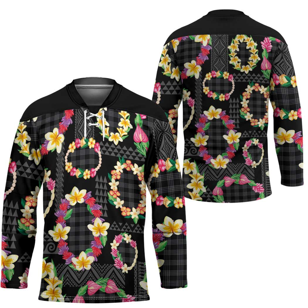 Hawaiian Kakau Tattoo Leis and Palaka Pattern Hockey Jersey Traditional Aloha Tribal Black Color LT03 - Polynesian Pride