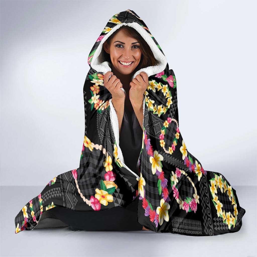 Hawaiian Kakau Tattoo Leis and Palaka Pattern Hooded Blanket Traditional Aloha Tribal Black Color LT03 - Polynesian Pride
