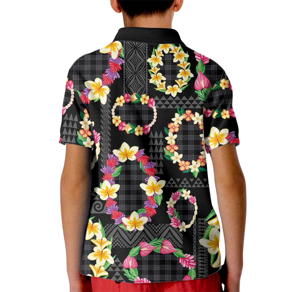 Hawaiian Kakau Tattoo Leis and Palaka Pattern Kid Polo Shirt Traditional Aloha Tribal Black Color LT03 - Polynesian Pride