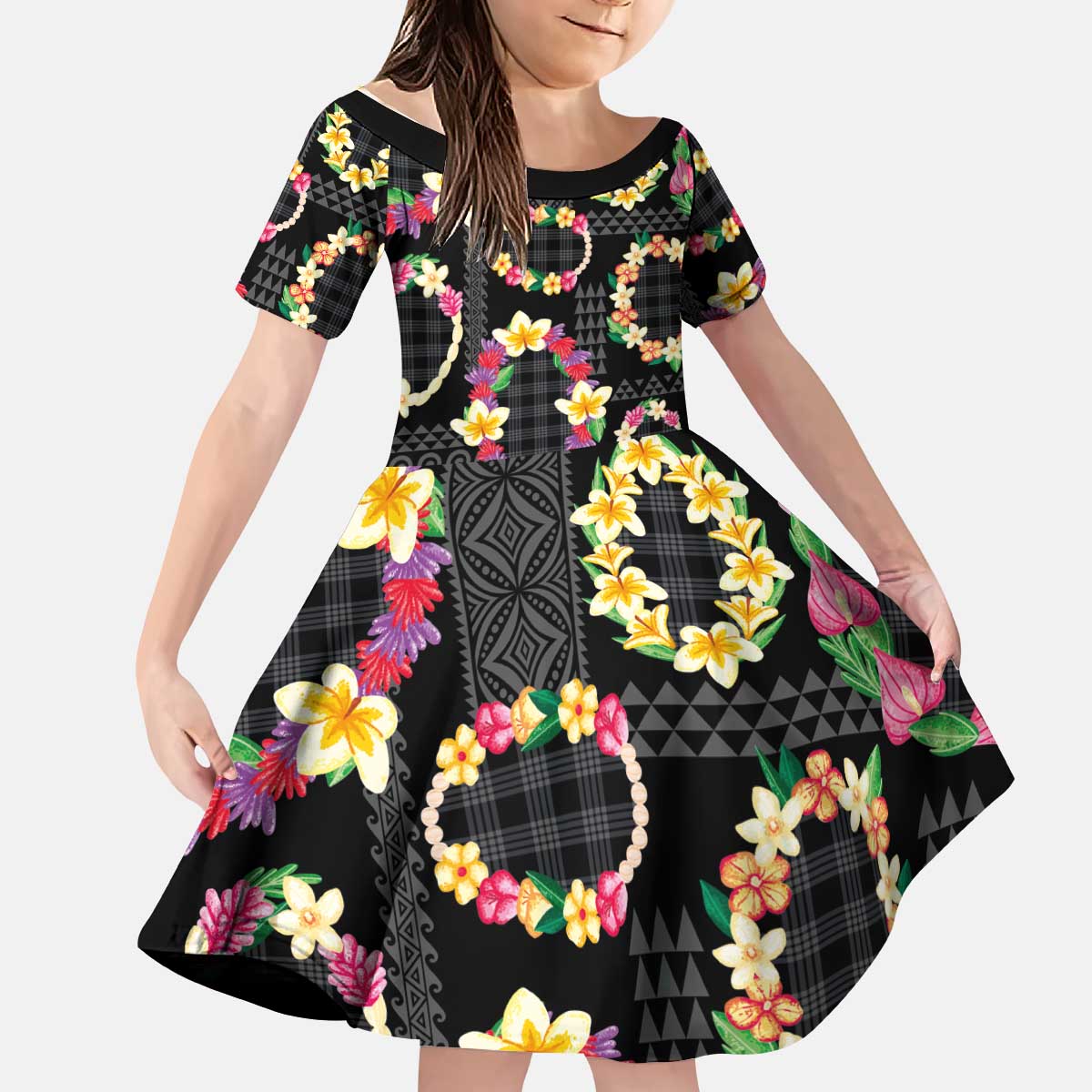 Hawaiian Kakau Tattoo Leis and Palaka Pattern Kid Short Sleeve Dress Traditional Aloha Tribal Black Color LT03 KID Black - Polynesian Pride