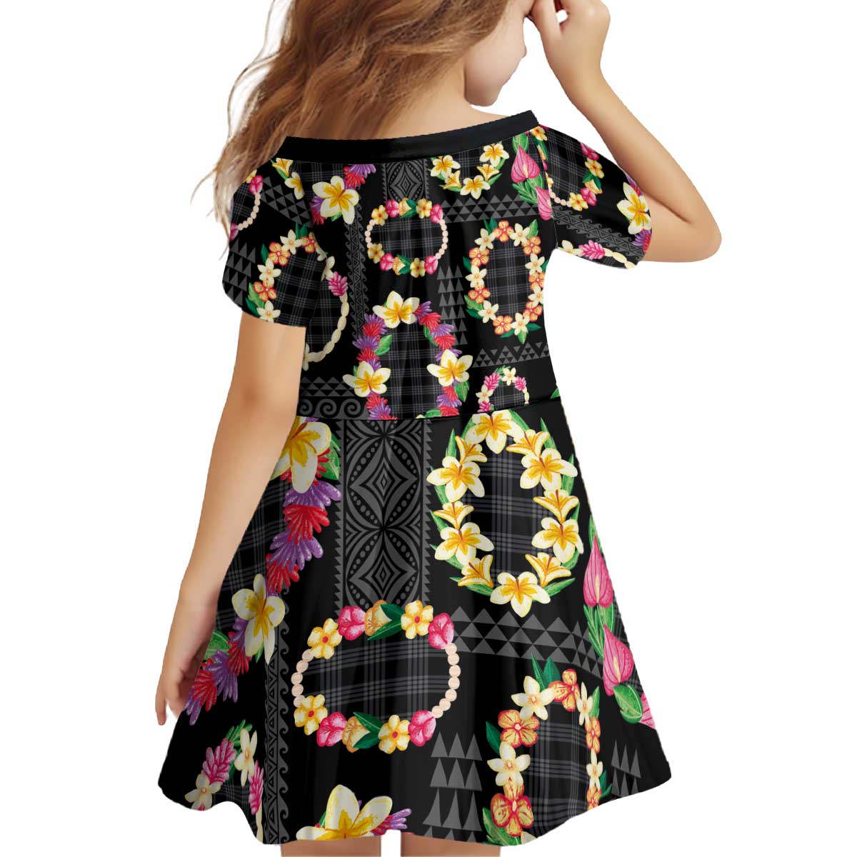 Hawaiian Kakau Tattoo Leis and Palaka Pattern Kid Short Sleeve Dress Traditional Aloha Tribal Black Color LT03 - Polynesian Pride