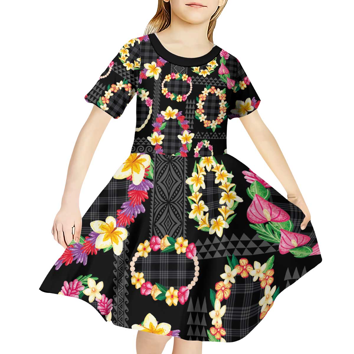 Hawaiian Kakau Tattoo Leis and Palaka Pattern Kid Short Sleeve Dress Traditional Aloha Tribal Black Color LT03 - Polynesian Pride