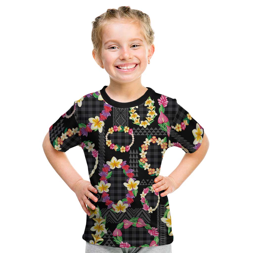 Hawaiian Kakau Tattoo Leis and Palaka Pattern Kid T Shirt Traditional Aloha Tribal Black Color LT03 Black - Polynesian Pride