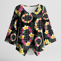 Hawaiian Kakau Tattoo Leis and Palaka Pattern Kimono Sleeve Blouse Traditional Aloha Tribal Black Color LT03 Female Black - Polynesian Pride