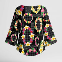 Hawaiian Kakau Tattoo Leis and Palaka Pattern Kimono Sleeve Blouse Traditional Aloha Tribal Black Color LT03 - Polynesian Pride