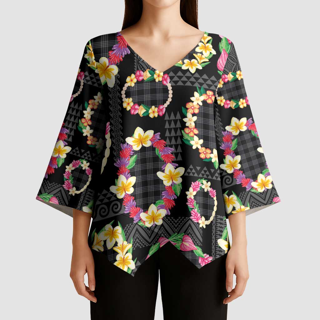 Hawaiian Kakau Tattoo Leis and Palaka Pattern Kimono Sleeve Blouse Traditional Aloha Tribal Black Color LT03 - Polynesian Pride