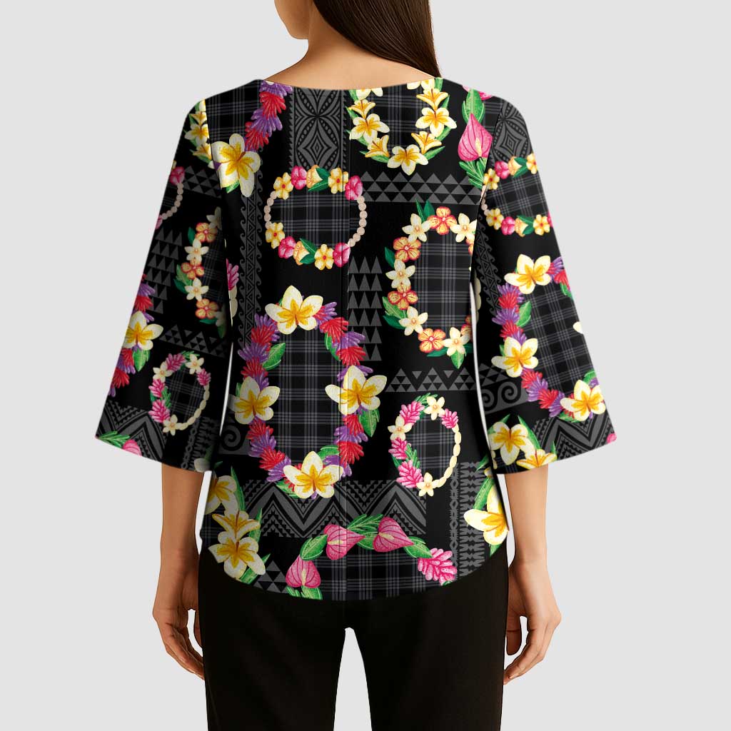 Hawaiian Kakau Tattoo Leis and Palaka Pattern Kimono Sleeve Blouse Traditional Aloha Tribal Black Color LT03 - Polynesian Pride