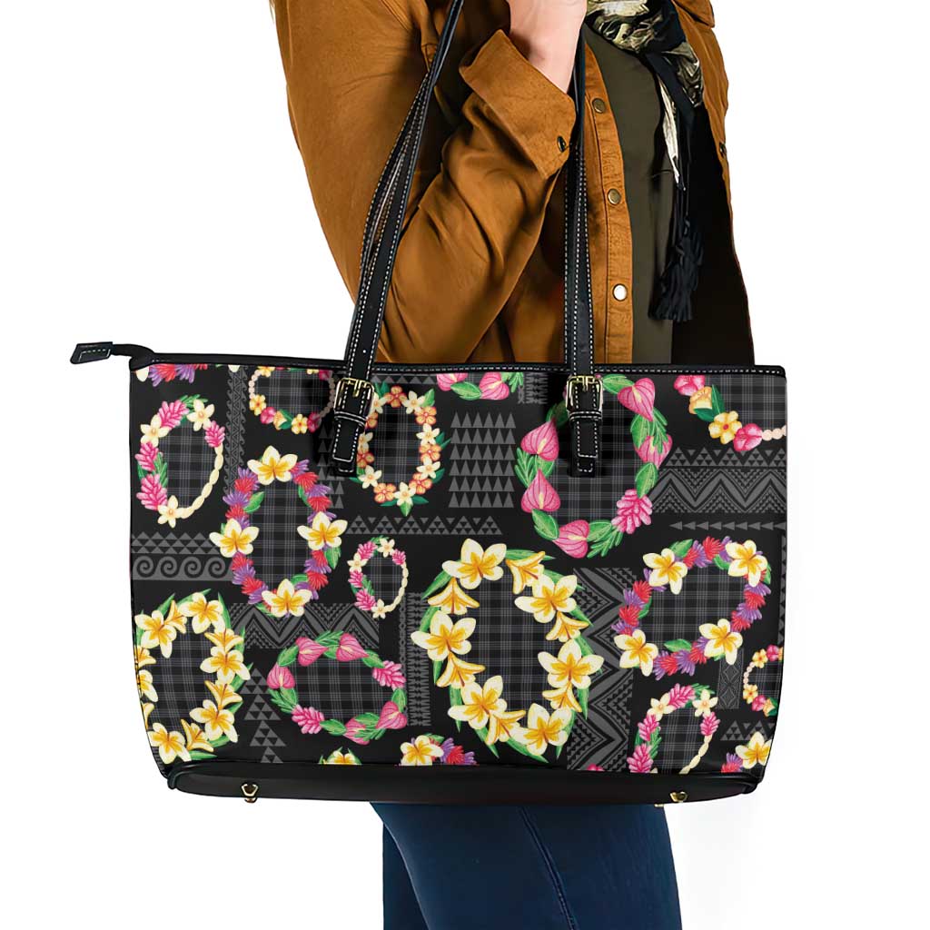 Hawaiian Kakau Tattoo Leis and Palaka Pattern Leather Tote Bag Traditional Aloha Tribal Black Color LT03 - Polynesian Pride
