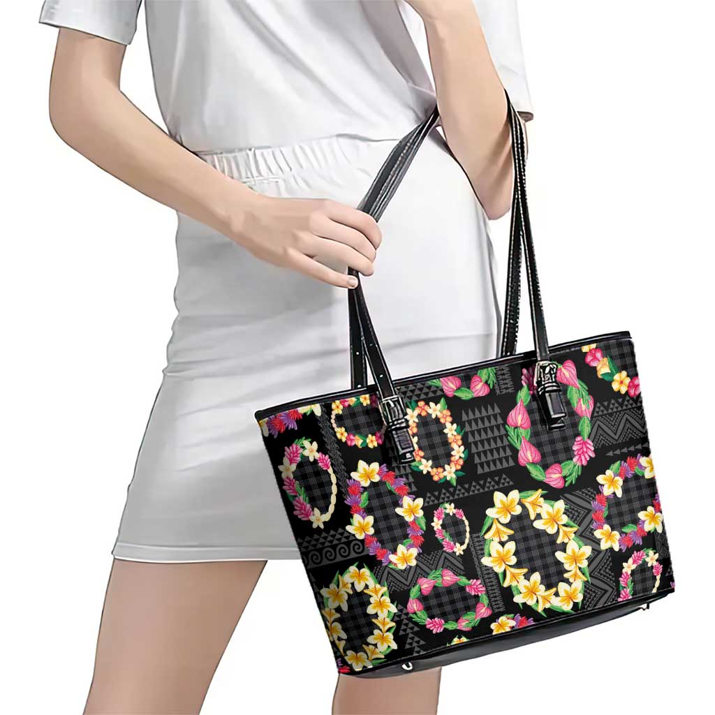 Hawaiian Kakau Tattoo Leis and Palaka Pattern Leather Tote Bag Traditional Aloha Tribal Black Color LT03 - Polynesian Pride