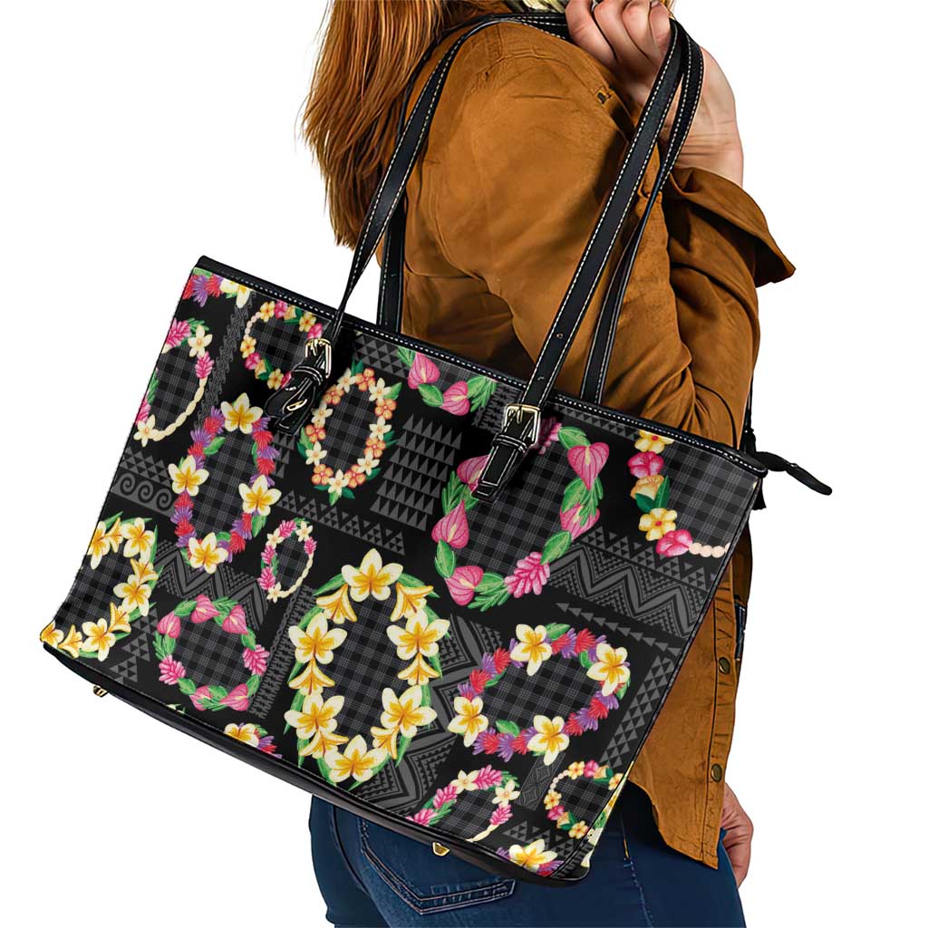 Hawaiian Kakau Tattoo Leis and Palaka Pattern Leather Tote Bag Traditional Aloha Tribal Black Color LT03 - Polynesian Pride
