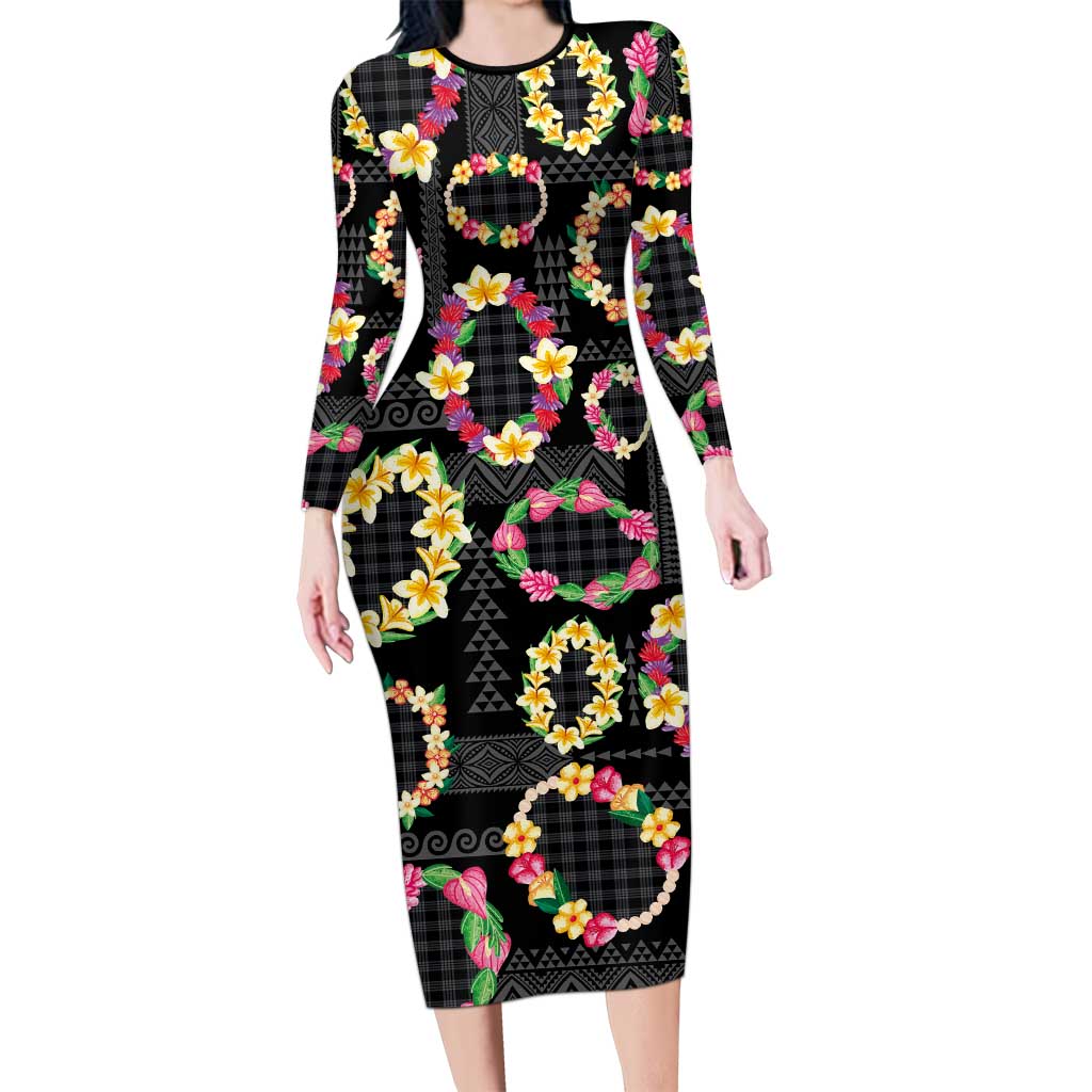 Hawaiian Kakau Tattoo Leis and Palaka Pattern Long Sleeve Bodycon Dress Traditional Aloha Tribal Black Color LT03 Long Dress Black - Polynesian Pride