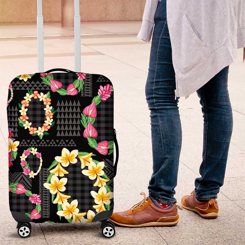 Hawaiian Kakau Tattoo Leis and Palaka Pattern Luggage Cover Traditional Aloha Tribal Black Color LT03 Black - Polynesian Pride
