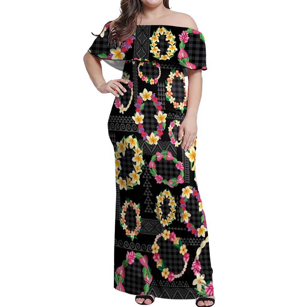 Hawaiian Kakau Tattoo Leis and Palaka Pattern Off Shoulder Maxi Dress Traditional Aloha Tribal Black Color