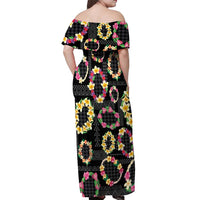 Hawaiian Kakau Tattoo Leis and Palaka Pattern Off Shoulder Maxi Dress Traditional Aloha Tribal Black Color LT03 - Polynesian Pride