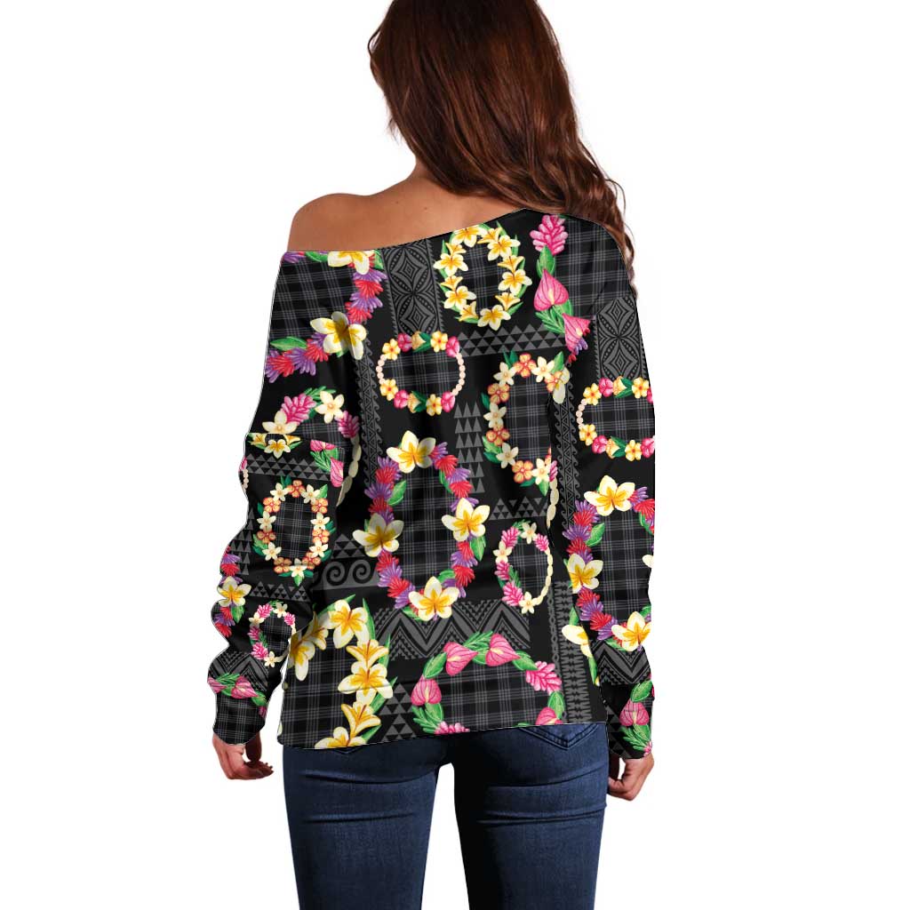 Hawaiian Kakau Tattoo Leis and Palaka Pattern Off Shoulder Sweater Traditional Aloha Tribal Black Color