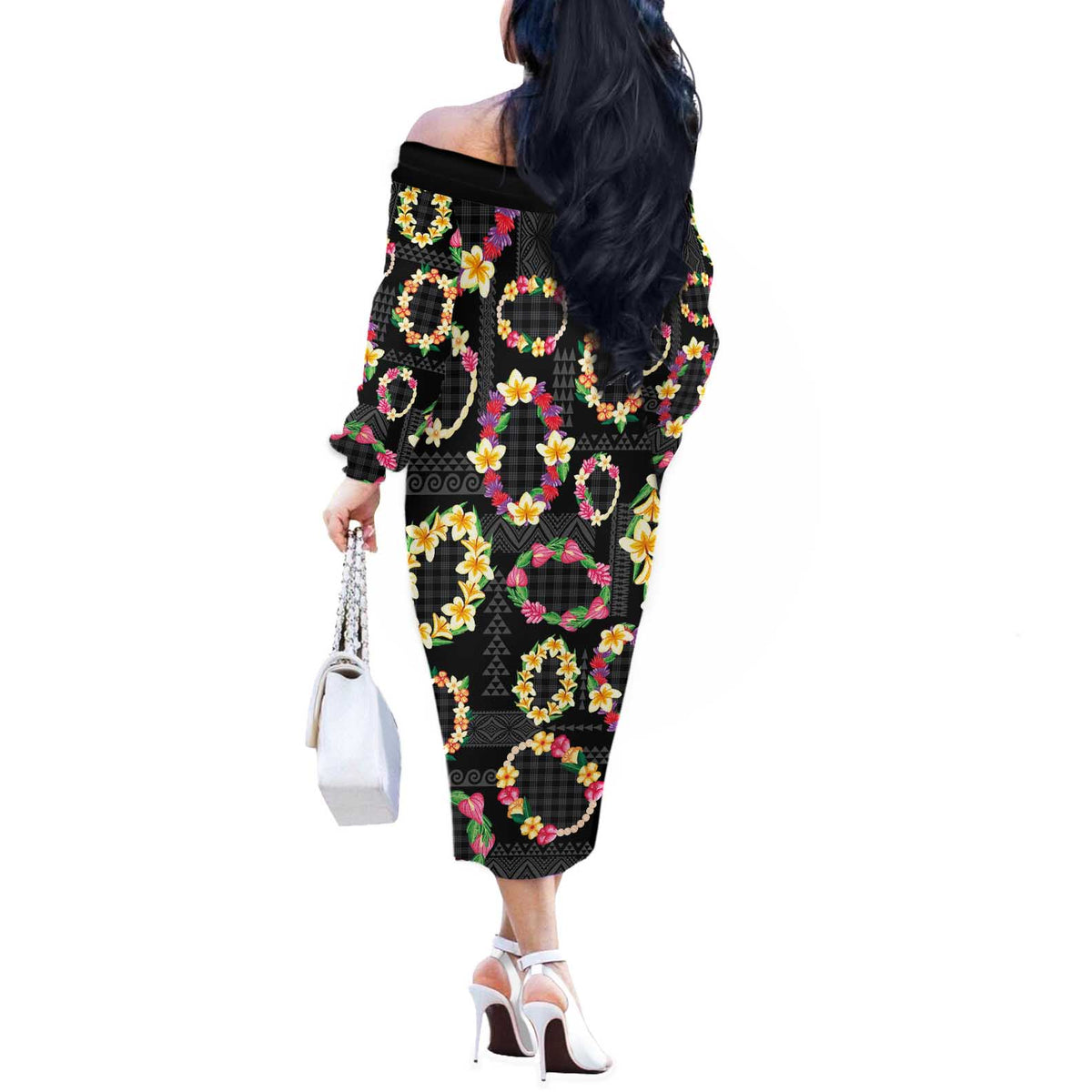 Hawaiian Kakau Tattoo Leis and Palaka Pattern Off The Shoulder Long Sleeve Dress Traditional Aloha Tribal Black Color LT03 - Polynesian Pride