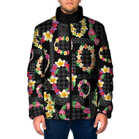 Hawaiian Kakau Tattoo Leis and Palaka Pattern Padded Jacket Traditional Aloha Tribal Black Color