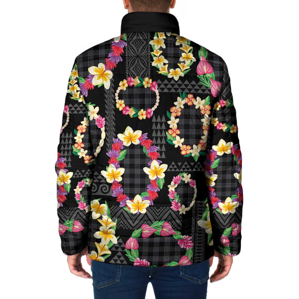 Hawaiian Kakau Tattoo Leis and Palaka Pattern Padded Jacket Traditional Aloha Tribal Black Color