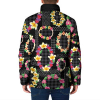 Hawaiian Kakau Tattoo Leis and Palaka Pattern Padded Jacket Traditional Aloha Tribal Black Color