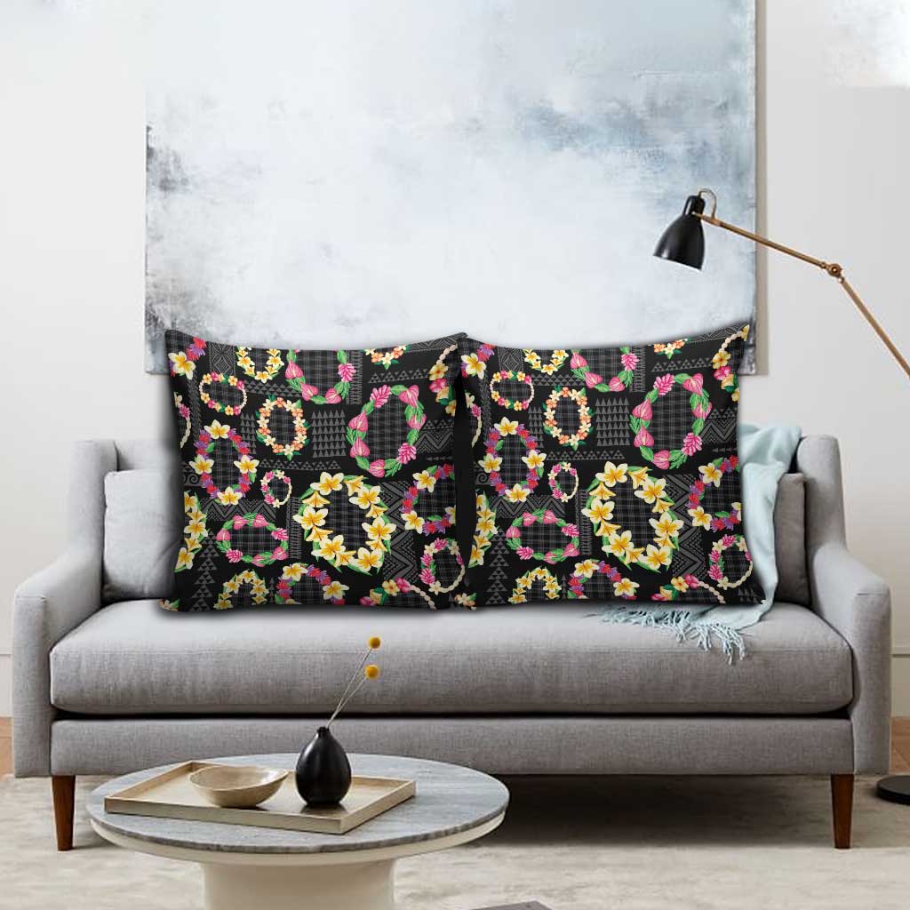 Hawaiian Kakau Tattoo Leis and Palaka Pattern Pillow Cover Traditional Aloha Tribal Black Color