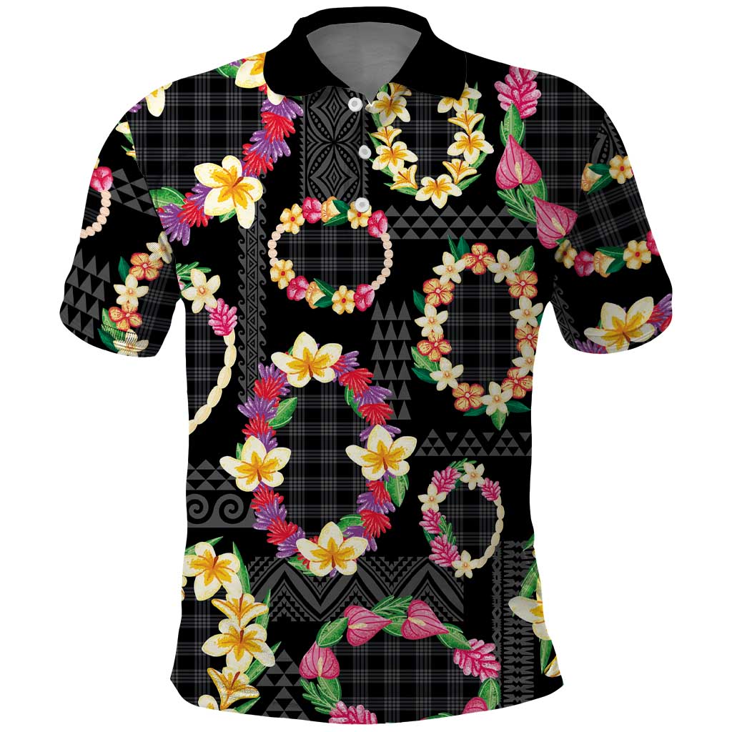 Hawaiian Kakau Tattoo Leis and Palaka Pattern Polo Shirt Traditional Aloha Tribal Black Color LT03 Black - Polynesian Pride