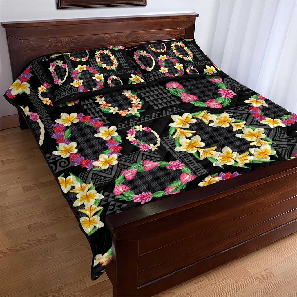 Hawaiian Kakau Tattoo Leis and Palaka Pattern Quilt Bed Set Traditional Aloha Tribal Black Color