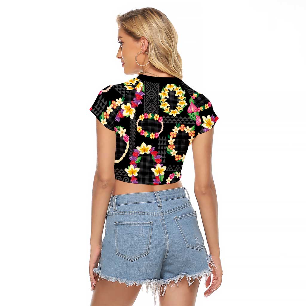 Hawaiian Kakau Tattoo Leis and Palaka Pattern Raglan Cropped T Shirt Traditional Aloha Tribal Black Color LT03 - Polynesian Pride