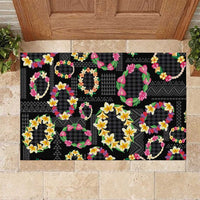 Hawaiian Kakau Tattoo Leis and Palaka Pattern Rubber Doormat Traditional Aloha Tribal Black Color