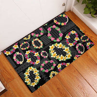 Hawaiian Kakau Tattoo Leis and Palaka Pattern Rubber Doormat Traditional Aloha Tribal Black Color